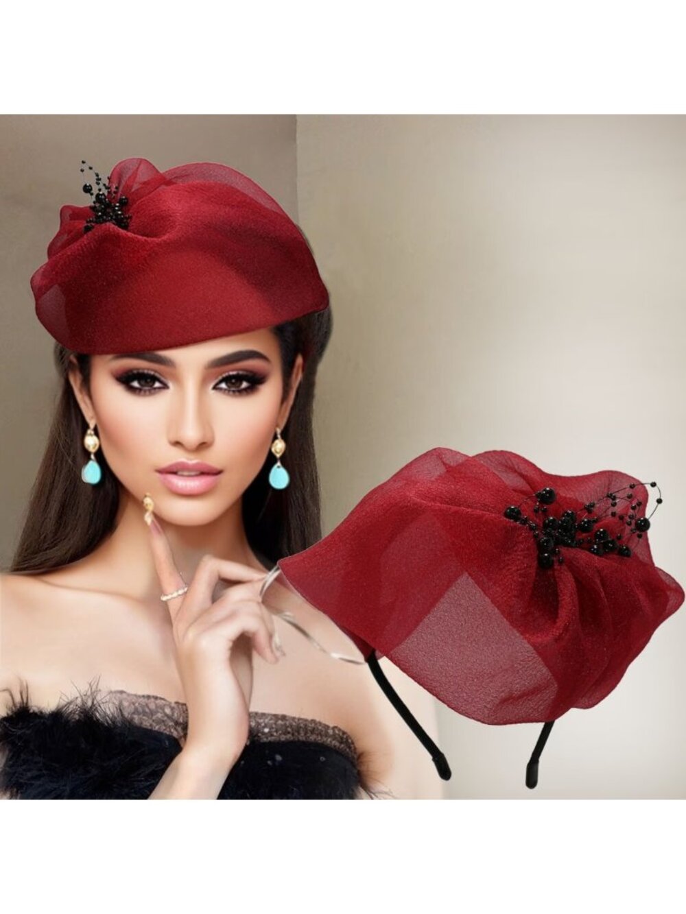 Women Half Cap Headband High Quality Gauze Bead Hair Additions Retro Dark Red